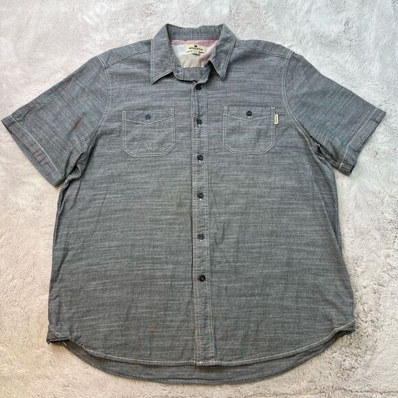 Woolrich Shirt Mens XL Button Up Pockets Textured Chambray Grey Short Sleeve - Picture 1 of 8